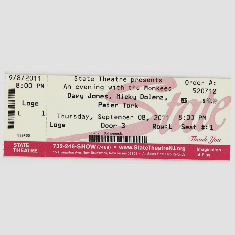 2011 Monkees Concert Ticket Stub New Brunswick NJ